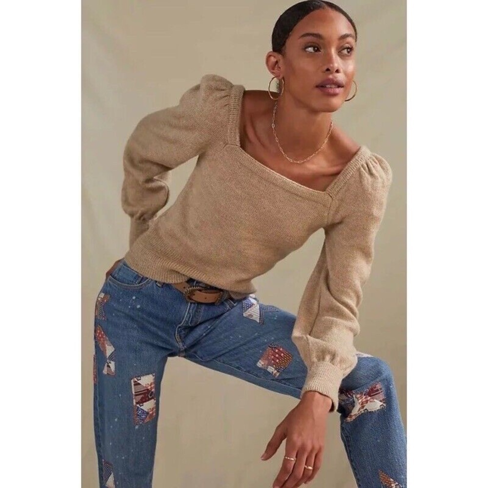 Anthropologie square neck sweater Puff Sleeve Beige Boho